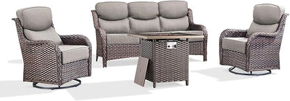 Luxury Patio Furniture Set with 6-inch Thick Cushion, Outdoor Furniture with Fire Pit Table, Swivel Chairs, Sofa, 4pcs Wicker Conversation Set for Deck Yard and Poolside(Grey)