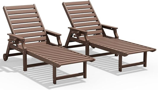 5-Position Adjustable Patio Chaise Lounge - 78'' HDPE Outdoor Lounger with Rolling Wheels & Cup Holder, Longer, Wider, Higher - Perfect for Poolside & Deck, Brown, 2pcs