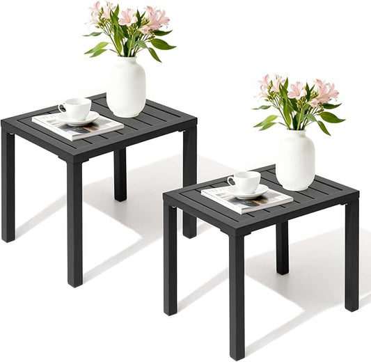 Crestlive Products Aluminum Outdoor Side Table Set of 2, Black Small Rectangular Weather Resistant Coffee End Tables for Patio Balcony Pool Deck