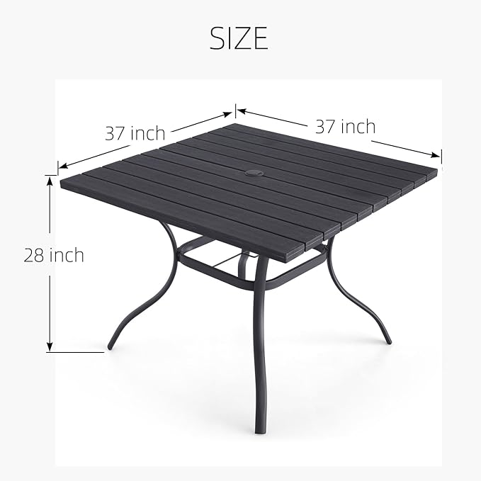 37" Plastic Top Square Patio Dining Table 3ft for 4 Person with Metal Steel Leg, Wood-Like Grain and Umbrella Hole, Outdoor Furniture - Black