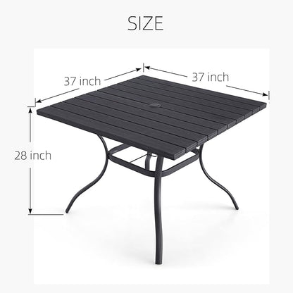37" Plastic Top Square Patio Dining Table 3ft for 4 Person with Metal Steel Leg, Wood-Like Grain and Umbrella Hole, Outdoor Furniture - Black