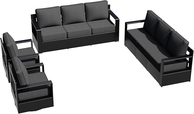 Outdoor Aluminum Furniture Set, 4-Piece Patio Conversation Set, 2 Swivel Chairs and 2 Sofa, All-Weather Metal Frame, 6" Thick Removable Cushions, Deep Setting for Garden, Poolside and Porch