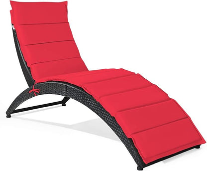 Tangkula Foldable Patio Lounge Chair, Outdoor Rattan Lounger Chaise, Portable Patio Chaise with Cushion, All-Weather Wicker Furniture for Garden Lawn Balcony Backyard Poolside (1, Red)