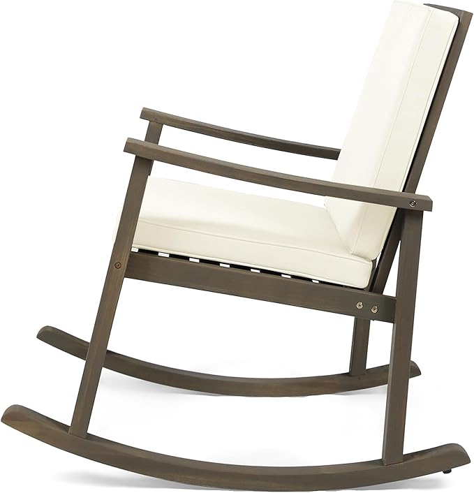 Outdoor Rocking Chair with Armrests and Cushions, Acacia Wood Structure, for Garden, Patio or Balcony, Cream+Grey - Photo 6