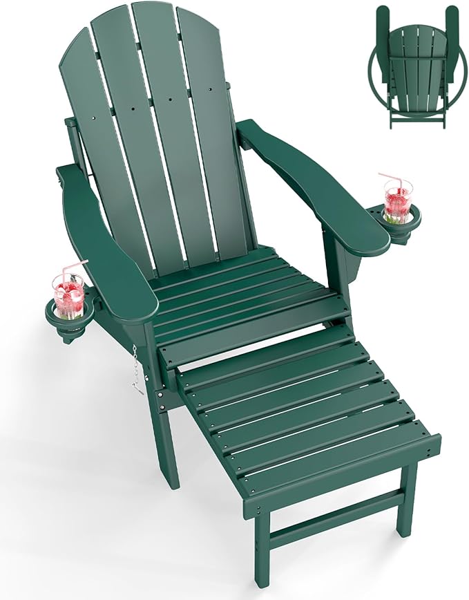 BRIOPAWS Adirondack-Chair-with-Pull-Out-Footrest | Folding | HDPE Plastic | Fire Pit Chairs | All Weather | Cup Holders | Curved Back | Retractable Ottoman | for Outdoor Deck Poolside | Forest