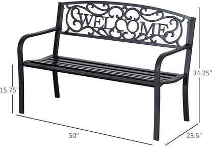 Metal Outdoor Garden Bench with Welcome Design