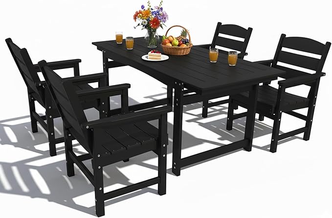 5-Piece HIPS Patio Dining Set, Outdoor Dining Table and Chairs Set with Umbrella Hole, Weatherproof Dining Table Set for 4 Person, Patio Furniture Set for Outside Deck, Black
