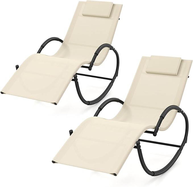 Tangkula Rocking Lounge Chair Outdoor Set of 2, Zero Gravity Chaise Lounger with Removable Headrest - Photo 1