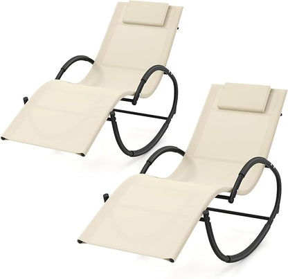 Tangkula Rocking Lounge Chair Outdoor Set of 2, Zero Gravity Chaise Lounger with Removable Headrest, Fabric Backrest & Seat, Patio Reclining Rocker for Yard, Poolside, Lawn, Garden (2, Beige)