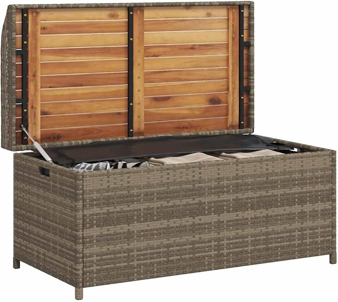 Outdoor Storage Bench 39.4 inch Grey Poly Rattan with Acacia Wood Frame, UV Resistant Garden Seating, 169 gal Capacity Patio Box for Balcony, Porch and Backyard