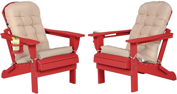 Adirondack Chair Set of 2 with Cushion & Cup Holder, HDPE Folding Adirondack Chairs with Wood-Like Grain Outdoor Fire Pit Chairs for Patio/Porch/Swimming Pool/Camping