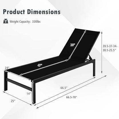Giantex Patio Chaise Lounge Chair, Outdoor Sunbathing Chair Lawn Reclining Lounger with 6 Adjustable Position, Aluminium Frame, Outside Tanning Chairs for Deck,Yard, Pool Lounge Chairs (1, Black)