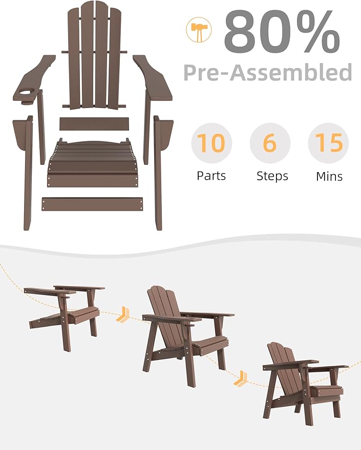 Adirondack Chair - Durable HDPE Poly Lumber All-Weather Resistant, Oversized Balcony Porch Patio Outdoor Chair for Lawn, Backyard, Deck, Garden, Camping - Easy Installation, Teak