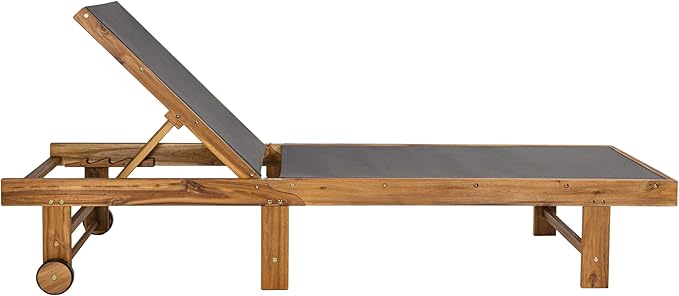JONATHAN Y LNG1101A-2SET Trabuco Coastal Modern Acacia Wood Mesh 3-Position Outdoor Foldable Chaise Lounge Set with Side Table for Pool, Deck, Poolside, Dark Gray/Teak Brown