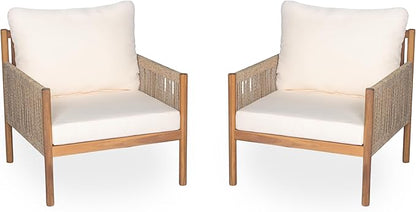 Christopher Knight Home Barris Lounge Chair Outdoor Set of 2, Patio Accent Chair, Comfy Reading Extra Seat, Wooden Frame+Rope Woven+Removable Cushion, for Garden/Backyard/Balcony/Poolside,Teak+Beige