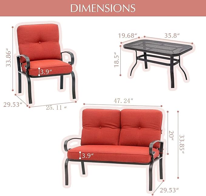 Outdoor Furniture Patio Conversation Set Loveseat, 2 Chairs, Coffee Table with Cushion, Lawn Front Porch Garden - Photo 6