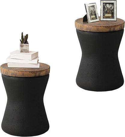 HOMPUS Outdoor Concrete Side Table Sets of 2, 2 Pieces Black Round Patio End Table, Small Outdoor Accent Table, Hourglass Shaped Garden Stool for Patio, Outside, Black