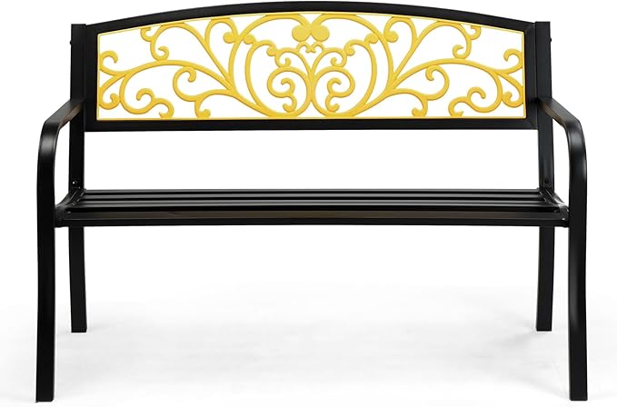 50" Outdoor Garden Bench Metal Patio Park Bench Elegant Porch Deck Loveseat with PVC Carved Pattern Backrest,Black Yellow