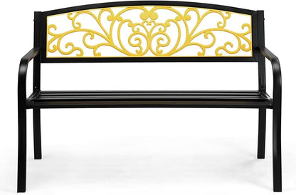 50" Outdoor Garden Bench Metal Patio Park Bench Elegant Porch Deck Loveseat with PVC Carved Pattern Backrest,Black Yellow