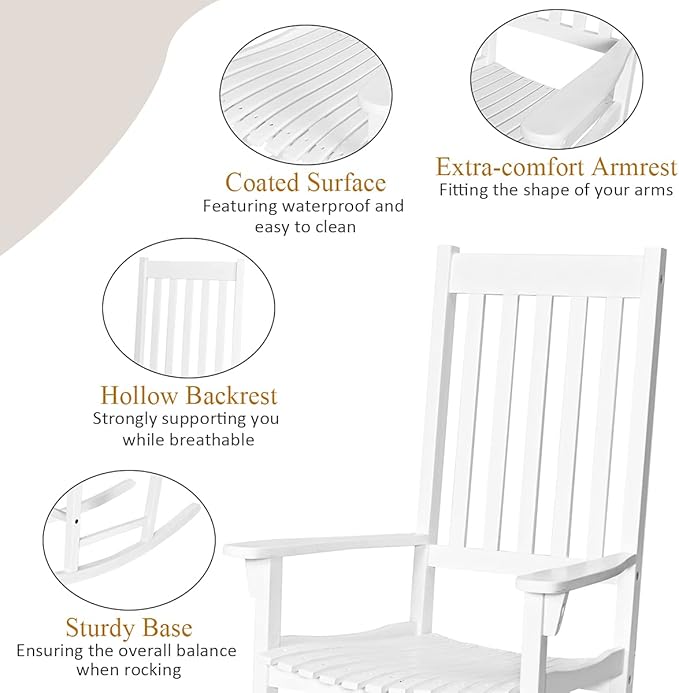 Tangkula Acacia Wood Porch Rocking Chair, Wooden Rocking Chair Rocker with High Back & Armrest for Indoor Outdoor Use, Patio Rocker for Garden Lawn Balcony Backyard Poolside (1, White)