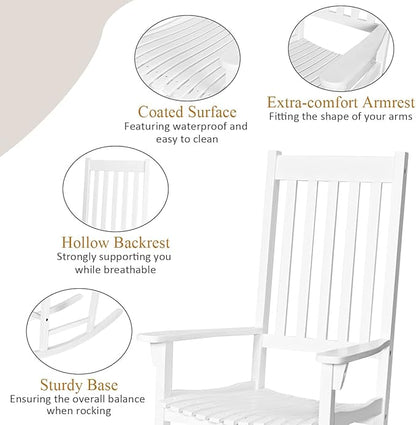 Tangkula Acacia Wood Porch Rocking Chair Set, Wooden Rocking Chair Rocker with High Back & Armrest for Indoor Outdoor Use, Patio Rocker for Garden Lawn Balcony Backyard Poolside (2, White)