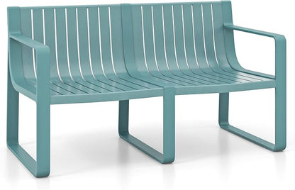 Tangkula Patio Loveseat, Weather-Resistant Plastic 2-Person Bench with Curved Backrest, Outdoor Conversation Furniture with Slatted Design for Patio, Poolside, Backyard, Garden, Deck, Lawn (Blue)