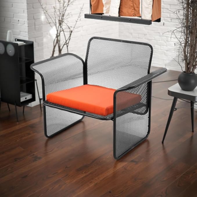 LOKKHAN Modern Outdoor Loveseat Mesh Bench Black Metal Frame with Orange Water-Resistant Cushion, 27.6H x 24.6W x 23.9D Inches, Contemporary Minimalist Patio Lounge Chair, Single Seat