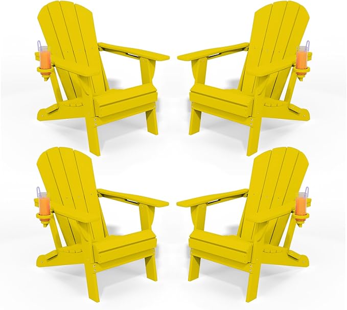 Folding Adirondack Chairs with Cup Holders, Set of 4 HDPE Plastic Outdoor Chairs, Weather Resistant, Real Wood Look, Heavy-Duty Patio Furniture for Deck, Fire Pit, Backyard, Yellow