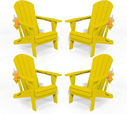 Folding Adirondack Chairs with Cup Holders, Set of 4 HDPE Plastic Outdoor Chairs, Weather Resistant, Real Wood Look, Heavy-Duty Patio Furniture for Deck, Fire Pit, Backyard, Yellow