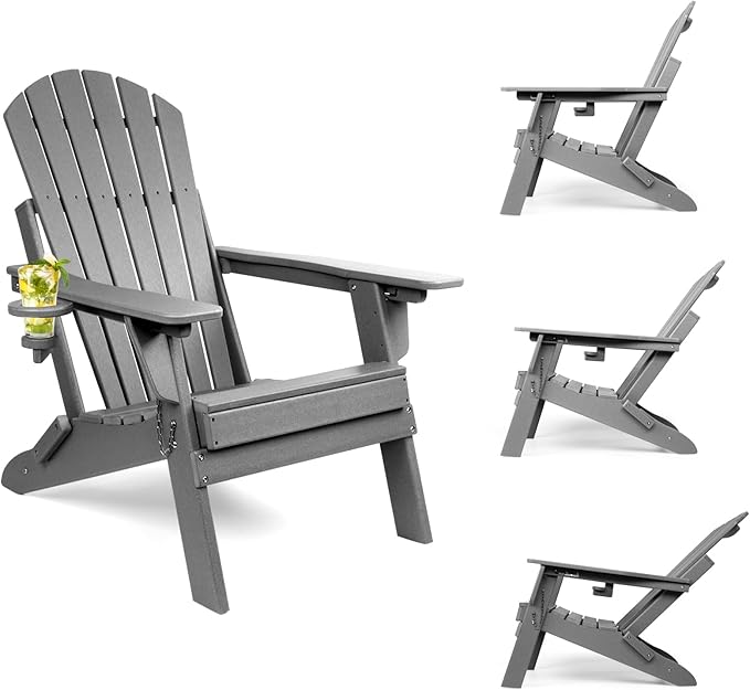 FUNBERRY Folding Adirondack Chairs Set of 4 with Adjustable Backrest, HDPE All Weather Fire Pit Chairs with Cup Holder