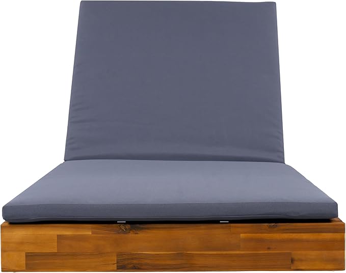 Acacia Wood Chaise Lounge with 2-Fold Thin Cushion - Teak Finish Outdoor Recliner with Cream Water-Repellent Cushion, 79.6" L x 29" W, 300 lbs
