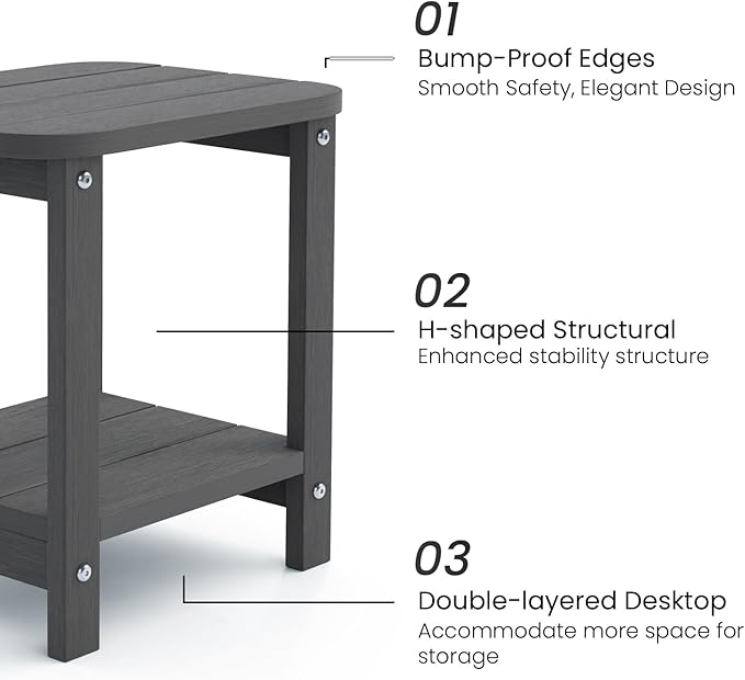 2-Tier Outdoor Side Table, 16" Adirondack Small Side Table All Weather Resistant, Patio End Table for Outside or Indoor, Patio, Yard, Pool, Porch, Garden, Grey