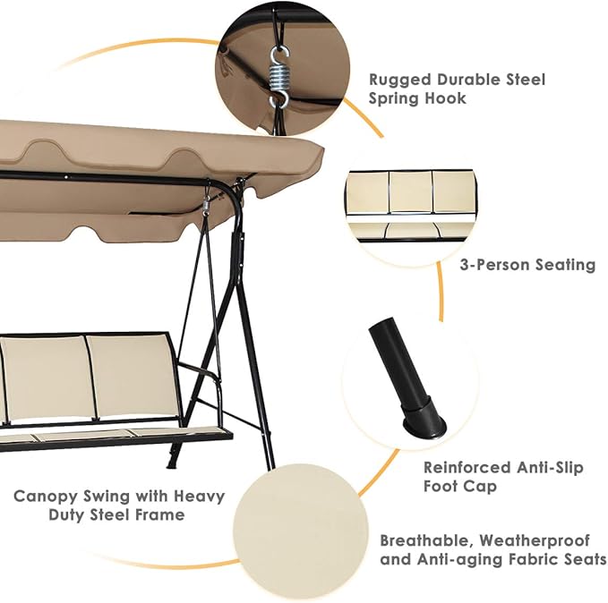 Tangkula 3 Person Patio Swing, Steel Frame with Polyester Angle Adjustable Canopy, All Weather Resistant Swing Bench - Photo 5