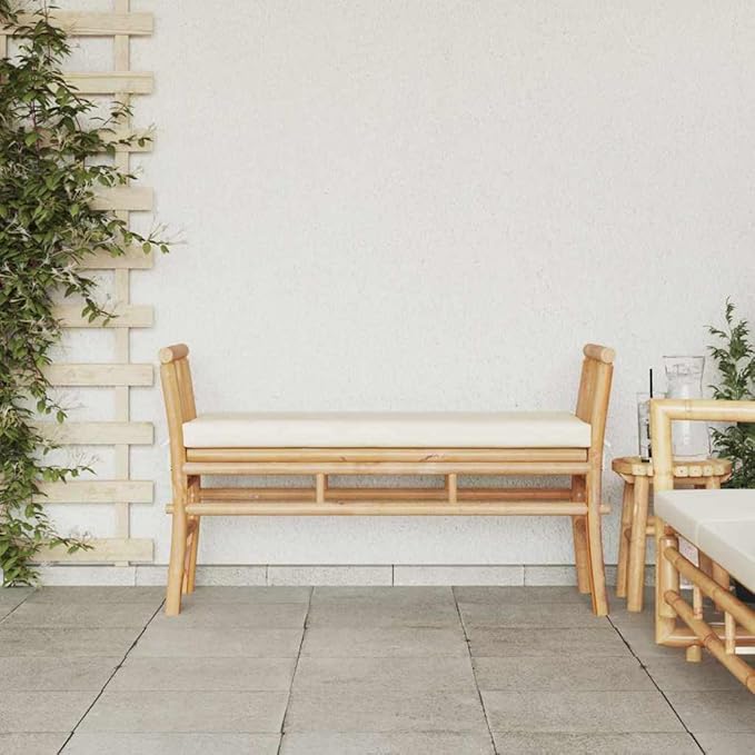 Bamboo Garden Bench 43.31x14.96x25.59in, Brown Patio Loveseat with Cushion, Modern Outdoor Seating for Garden, Porch and Balcony Use