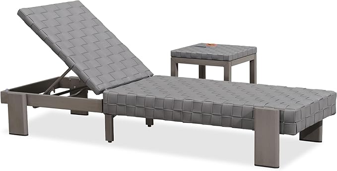 PURPLE LEAF Patio Lounge Chair Modern Outdoor PU Leather Style Chaise Lounge 1 Piece with Side Table Adjustable Backrest Aluminum Luxury Chaise Lounge Chairs for Pool Garden Backyard Beach, Grey