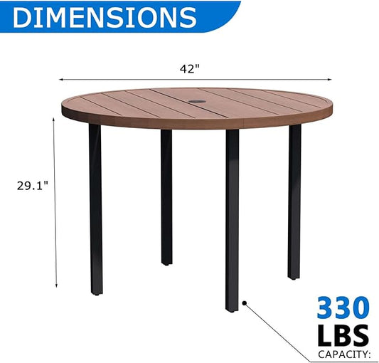 All-Weather 42" Round Outdoor Patio Table for 4, Metal Walnut Dining Table with Adjustable Umbrella Hole, Garden, Backyard & Deck Bistro Table