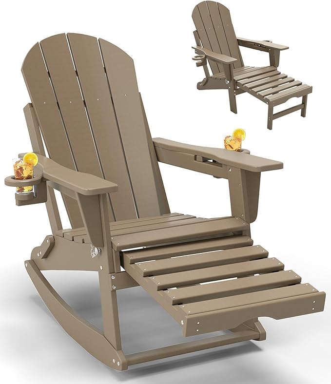 Adirondack Rocking Chair with Retractable Ottoman, All Weather Folding Adirondack Chair with Two Cup Holders, Adirondack Outdoor Rocking Chairs for Porch, Patio, Balcony. Brown