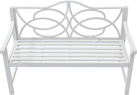 Outdoor Patio Bench, Garden Bench with Iron Metal Steel Frame, Backrest, and Armrests, Park Bench with Slatted Seat for 2-3 People for Lawn, Yard, Balcony, Porch, White