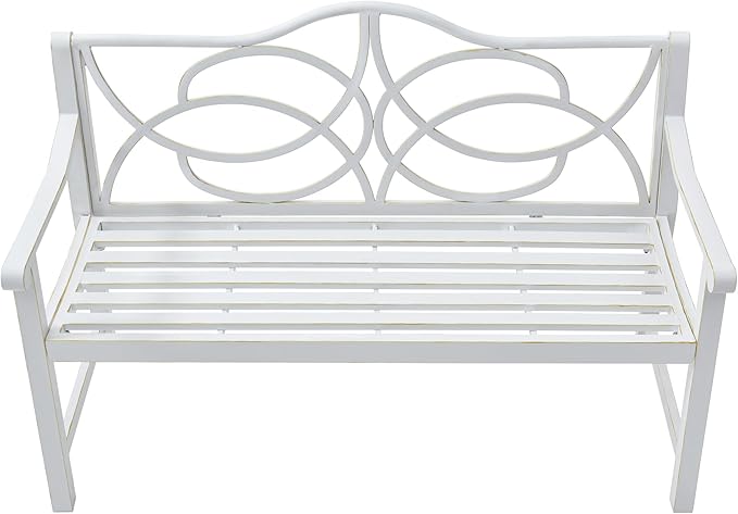 GOWE Outdoor Garden Patio Bench,Iron Metal Steel Frame Park Bench with Backrest and Armrest, Slatted Seat for Park, Yard & Porch, Balcony, Accommodates 2-3 People,White