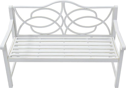 Outdoor Garden Patio Bench,Iron Metal Steel Frame Park Bench with Backrest and Armrest, Slatted Seat for Park, Yard & Porch, Balcony, Accommodates 2-3 People,White