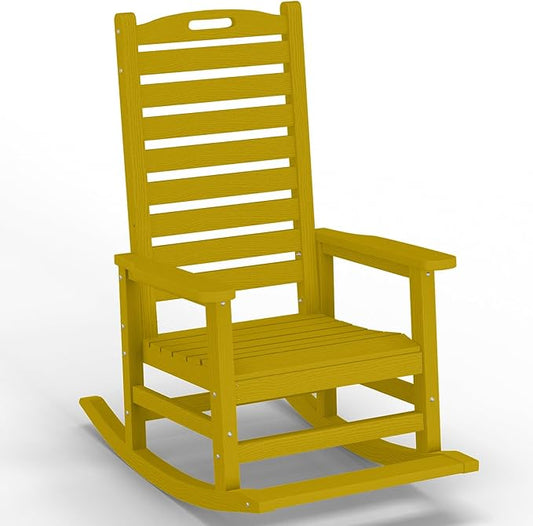 PLUUV Outdoor Rocking Chair with Removable Footboard for Adults, HDPE High Back Patio Rocking Chairs, 330lbs All Weather Porch Rocking Chairs for Outdoor & Indoor -Yellow