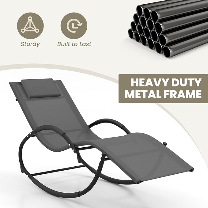 Giantex Outdoor Rocking Lounge Chair, Zero Gravity Rocking Chair with Removable Headrest, Breathable Backrest & Seat - Photo 6