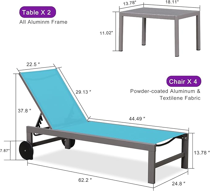 PURPLE LEAF Patio Lounge Chair Set for 4 Outdoor Chaise Lounge with Adjustable Backrest and Easy-to-Move Wheels - Photo 3