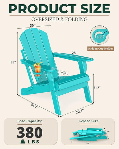 BRIOPAWS Folding-Adirondack-Chairs Set of 4 | HDPE | Fire Pit Chair | Cup Holder | Weather Resistance | Aqua | for Outdoor Backyard Deck Patio
