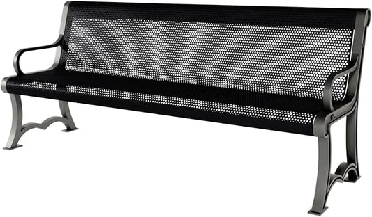 COATEDOUTDOORFURNITURE Coated Outdoor Furniture Heavy-Duty Outdoor Bench Thermoplastic Coated, Punched Steel, Commercial-Grade Garden Bench, Made in America (Portable with Back, 6 Ft, Black)
