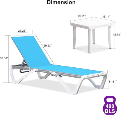 PURPLE LEAF Patio Chaise Lounge Chair Set of 3 Outside Aluminum Plastic Stackable Tanning Chairs for Pool Sunbathing Beach Deck Outdoor Lounger, Turquoise Blue