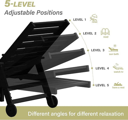 5-Position Adjustable Patio Chaise Lounge - 78'' HDPE Outdoor Lounger with Rolling Wheels & Cup Holder, Longer, Wider, Higher - Perfect for Poolside & Deck, Black, 4pcs
