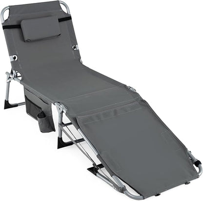 COSTWAY Tanning Chair with Face Hole, Folding Sun Bathing Lounge Chair with Armrest, Side Pocket & Protective Flap, Face Down Layout Chair for Beach, Patio, Pool, Outside (1, Grey)