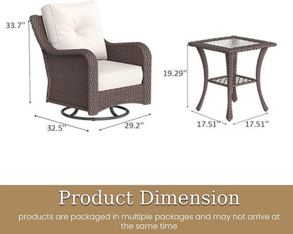 3 Piece Patio Furniture Set, All-Weather Wicker Outdoor Conversation Set with Swivel Rocking Chair and 6 Inch Thick Cushions