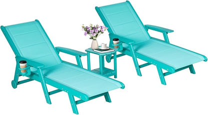 Outdoor Chaise Lounge Chair with Table Set of 3, 5-Position Adjustable Padded Patio Lounge Chair with Wheels & Cup Holder, HDPE Pool Lounge Chair for Outside, Poolside & Beach (Aruba)